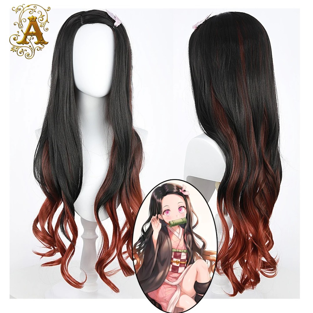 Anime Cosplay Long Black Hair - Black Dark Red Gradient Color Curly